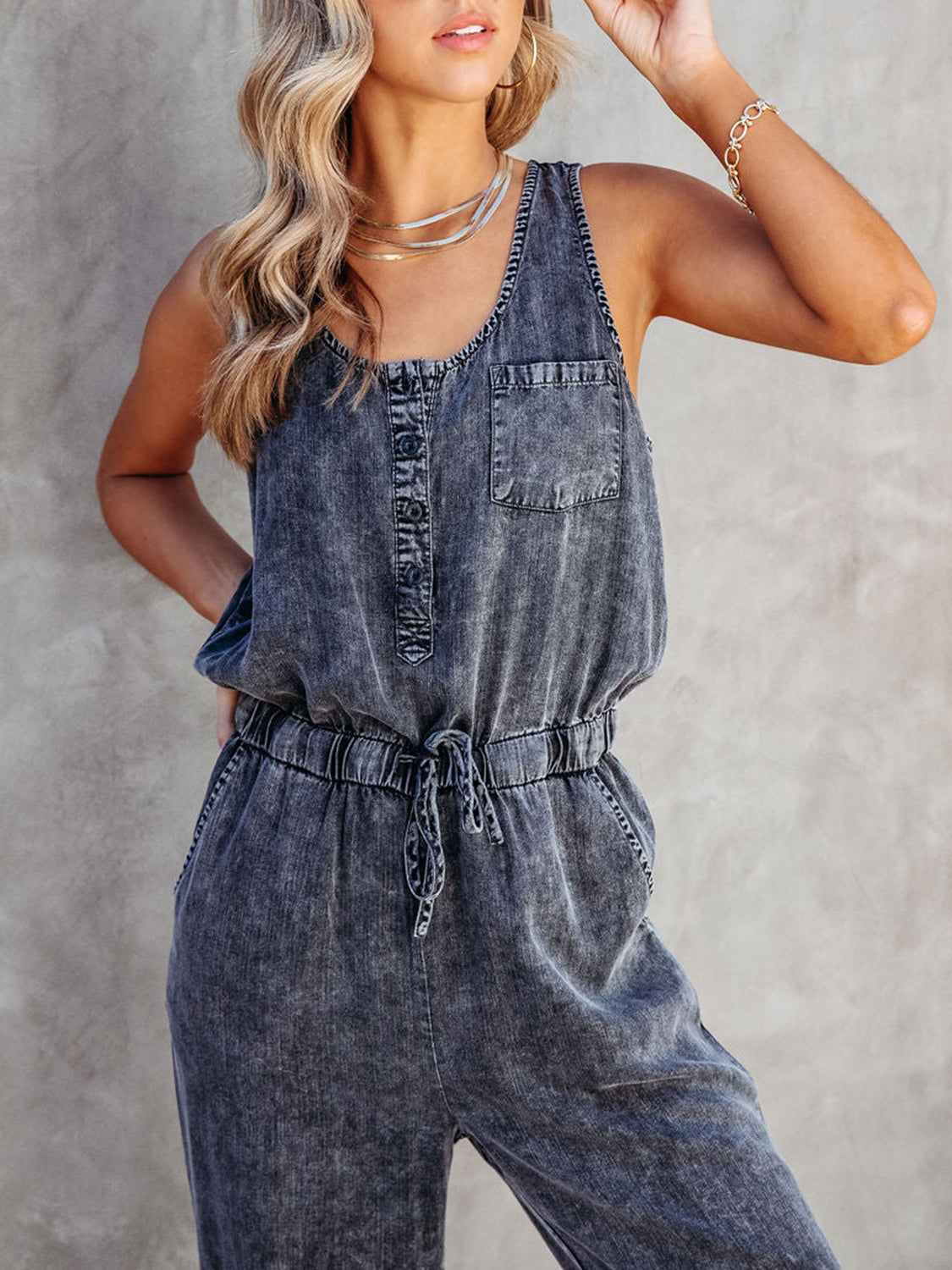 Denim Drawstring Waist Sleeveless Jumpsuit Orchid Unique 