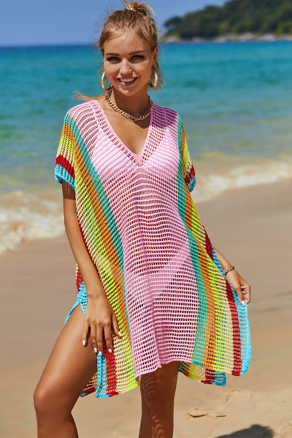 Openwork Striped Slit Knit Cover Up Orchid Unique 