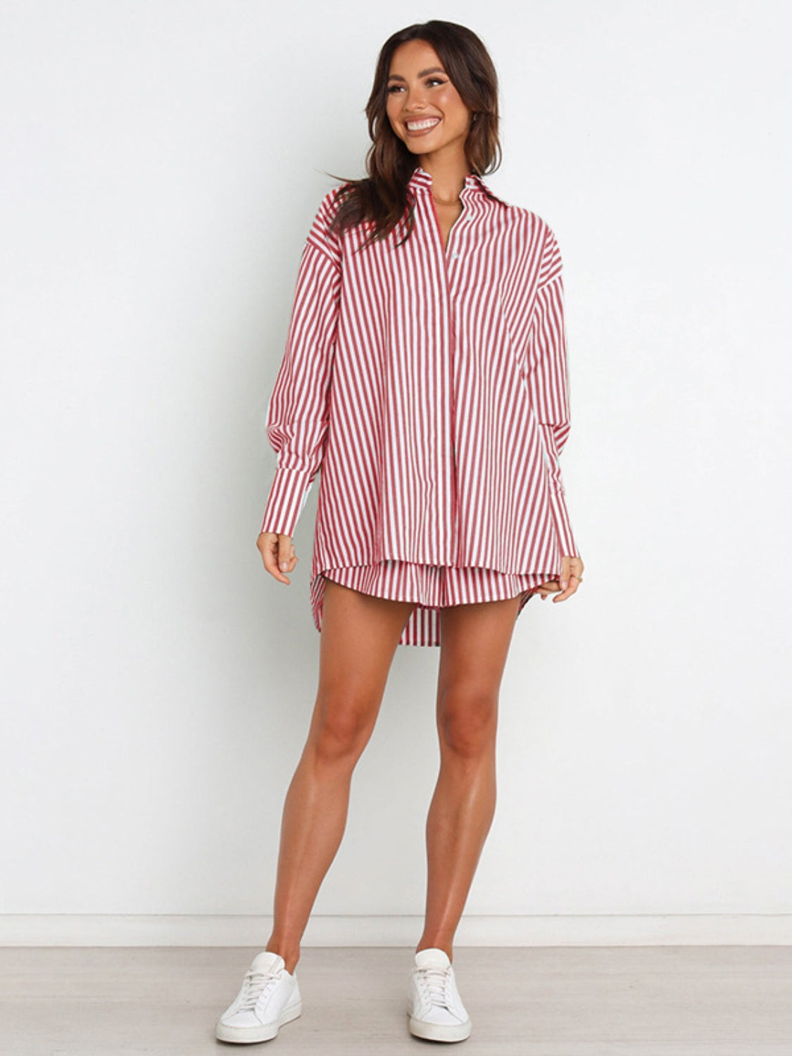 Striped Dropped Shoulder Shirt and Shorts Set Orchid Unique 