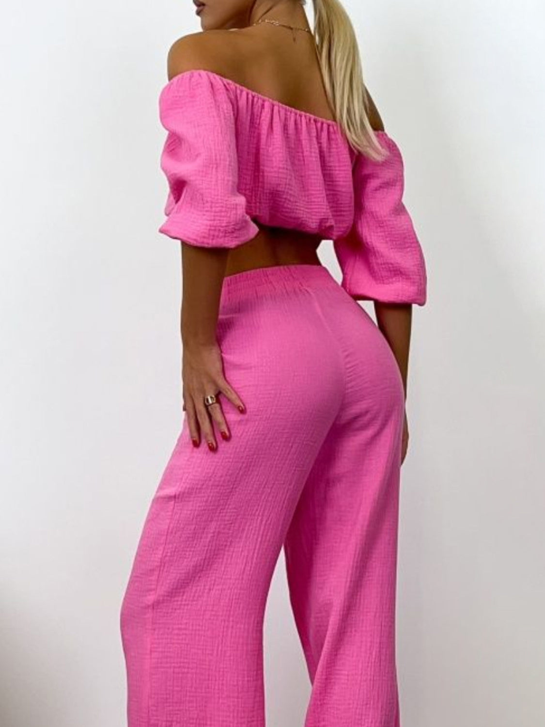 Off Shoulder Long Sleeve Top and Pants Set Orchid Unique 