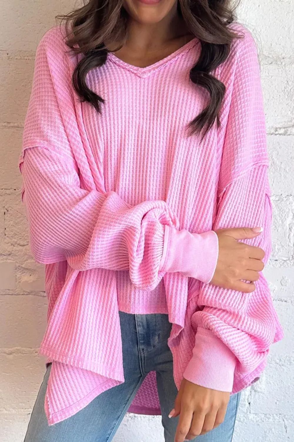 Waffle-Knit V-Neck Long Sleeve Blouse Orchid Unique 