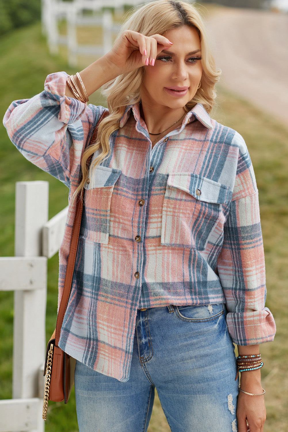 Double Take Plaid Dropped Shoulder Shacket Orchid Unique 