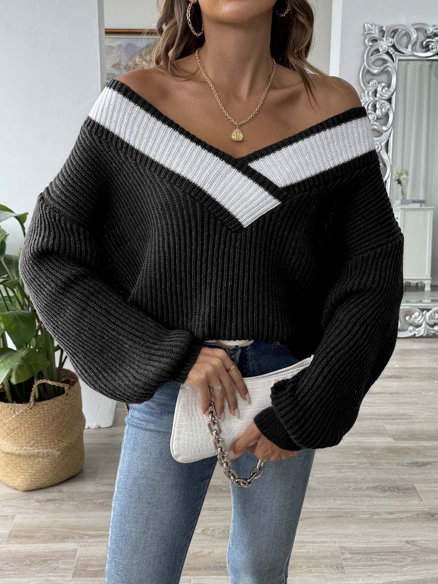 Contrast Dropped Shoulder Long Sleeve Sweater Orchid Unique 