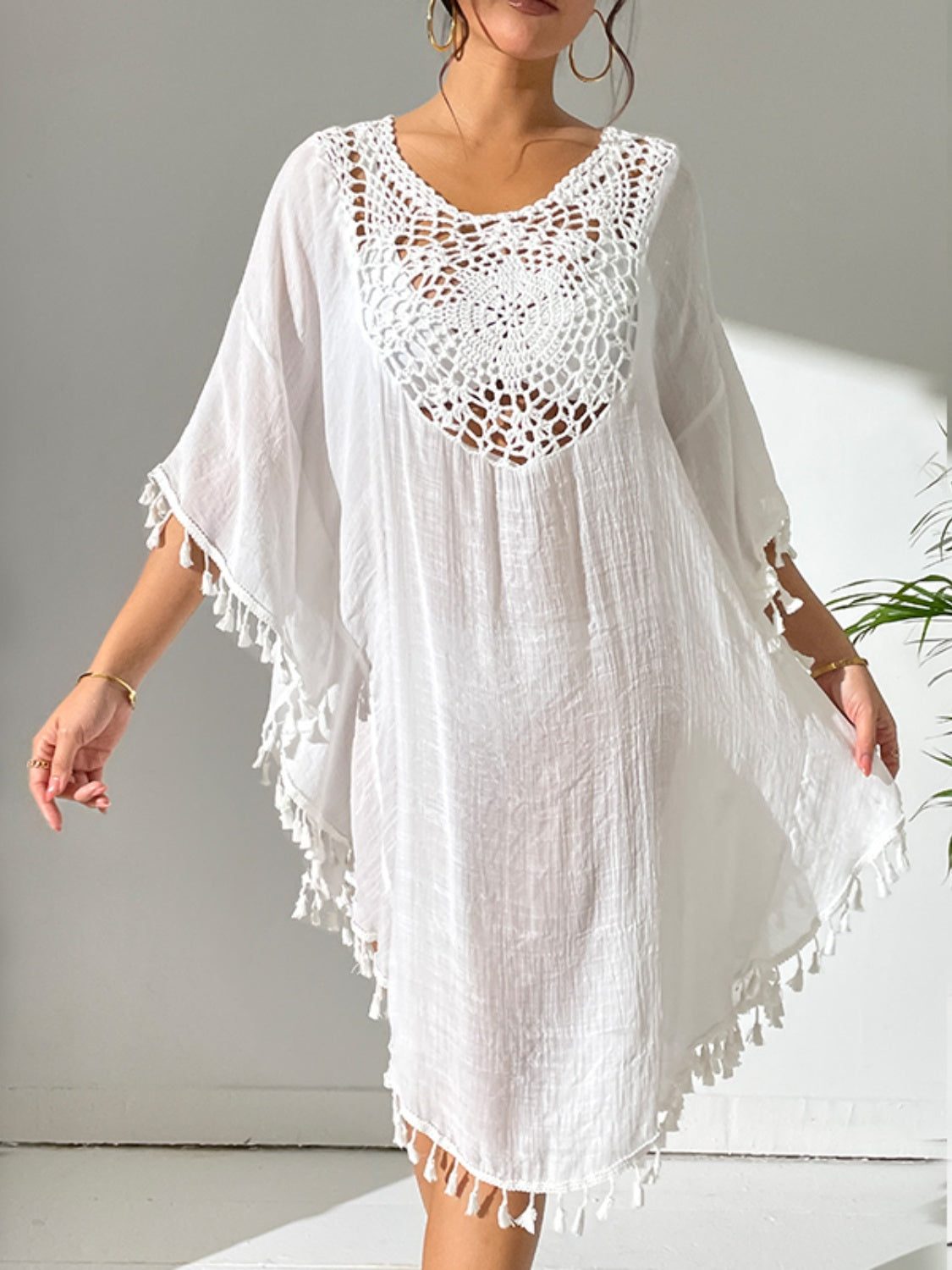 Tassel Cutout Scoop Neck Cover-Up Dress Orchid Unique 