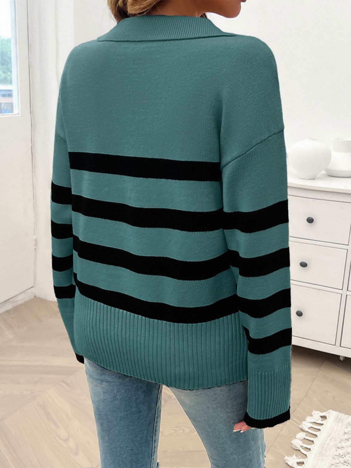 Striped Collared Neck Long Sleeve Sweater Orchid Unique 