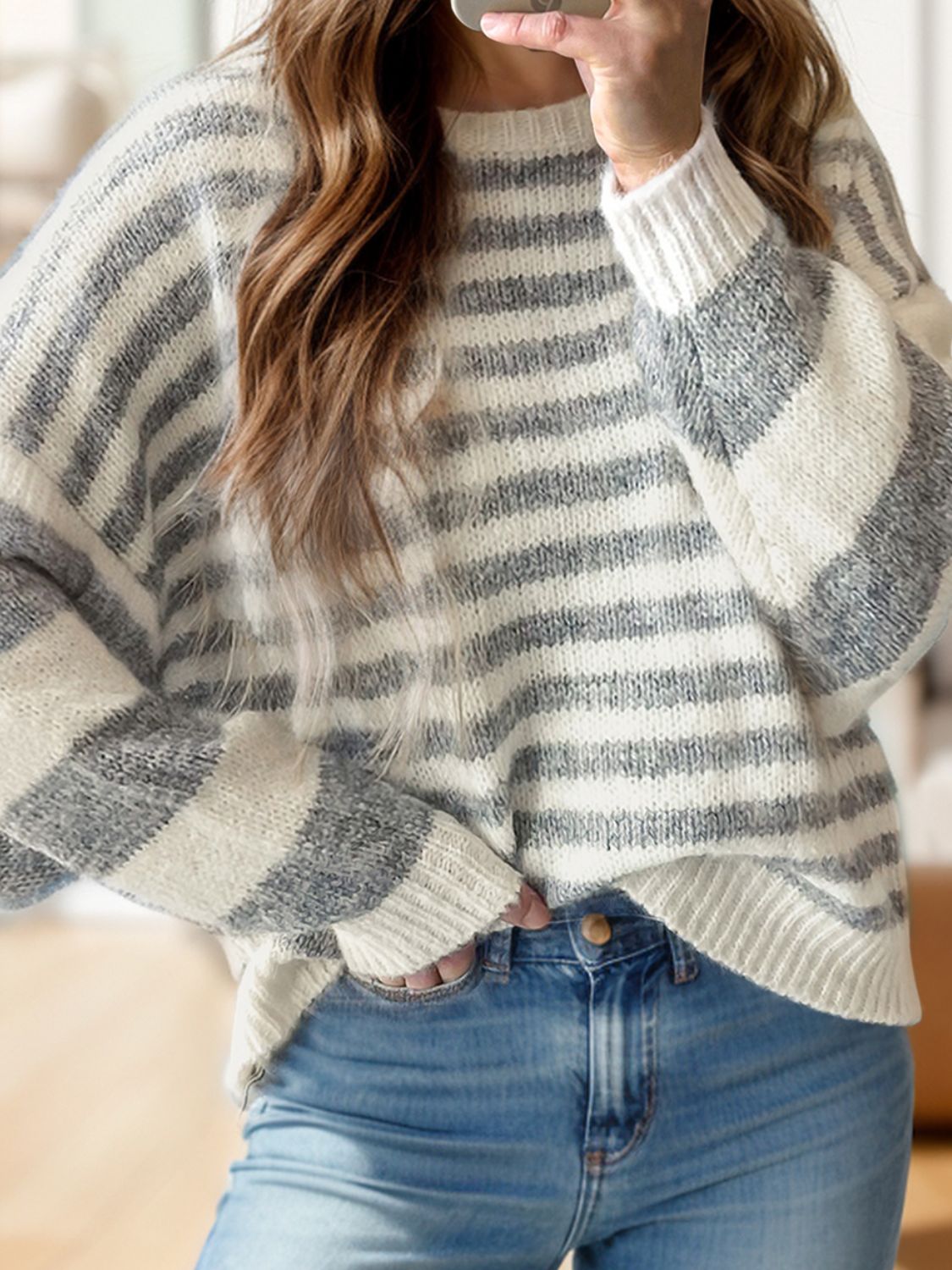 Striped Round Neck Dropped Shoulder Sweater Orchid Unique 