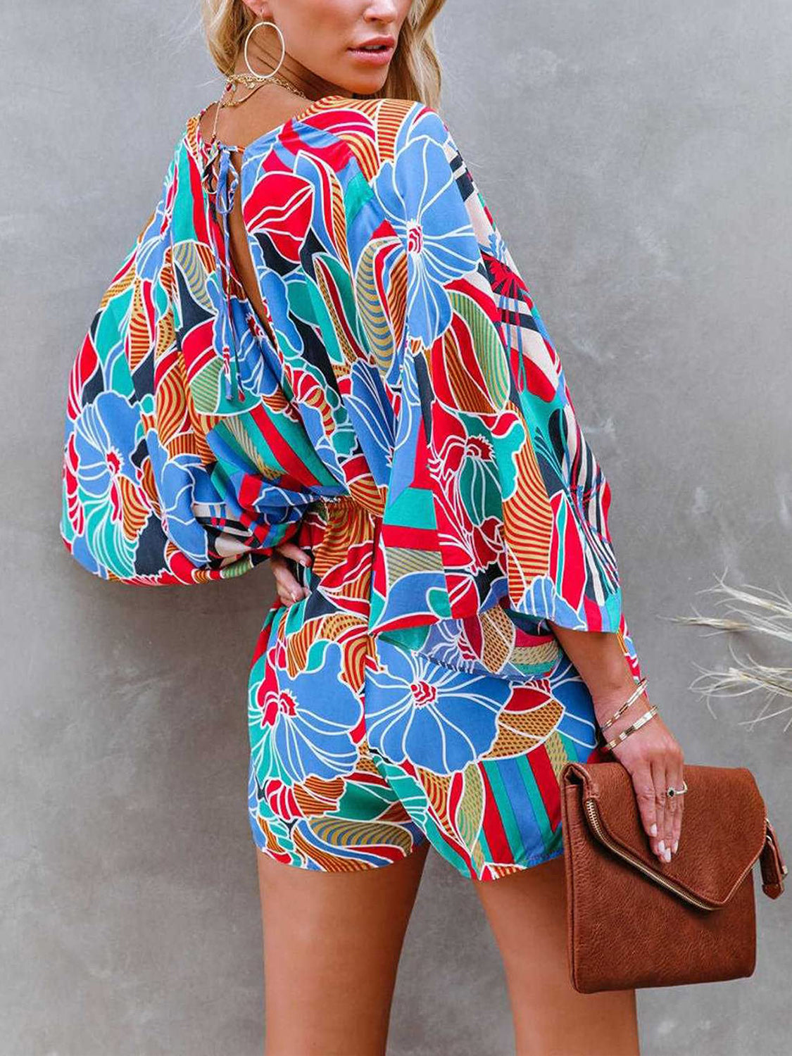 Tied Printed Kimono Sleeve Romper Orchid Unique 