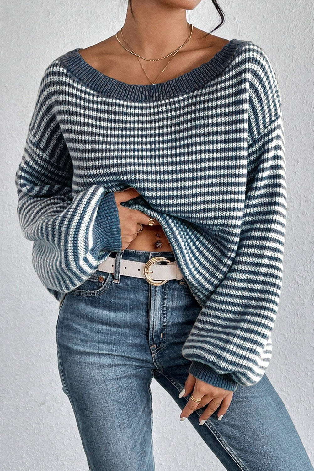 Striped Boat Neck Long Sleeve Sweater Orchid Unique 