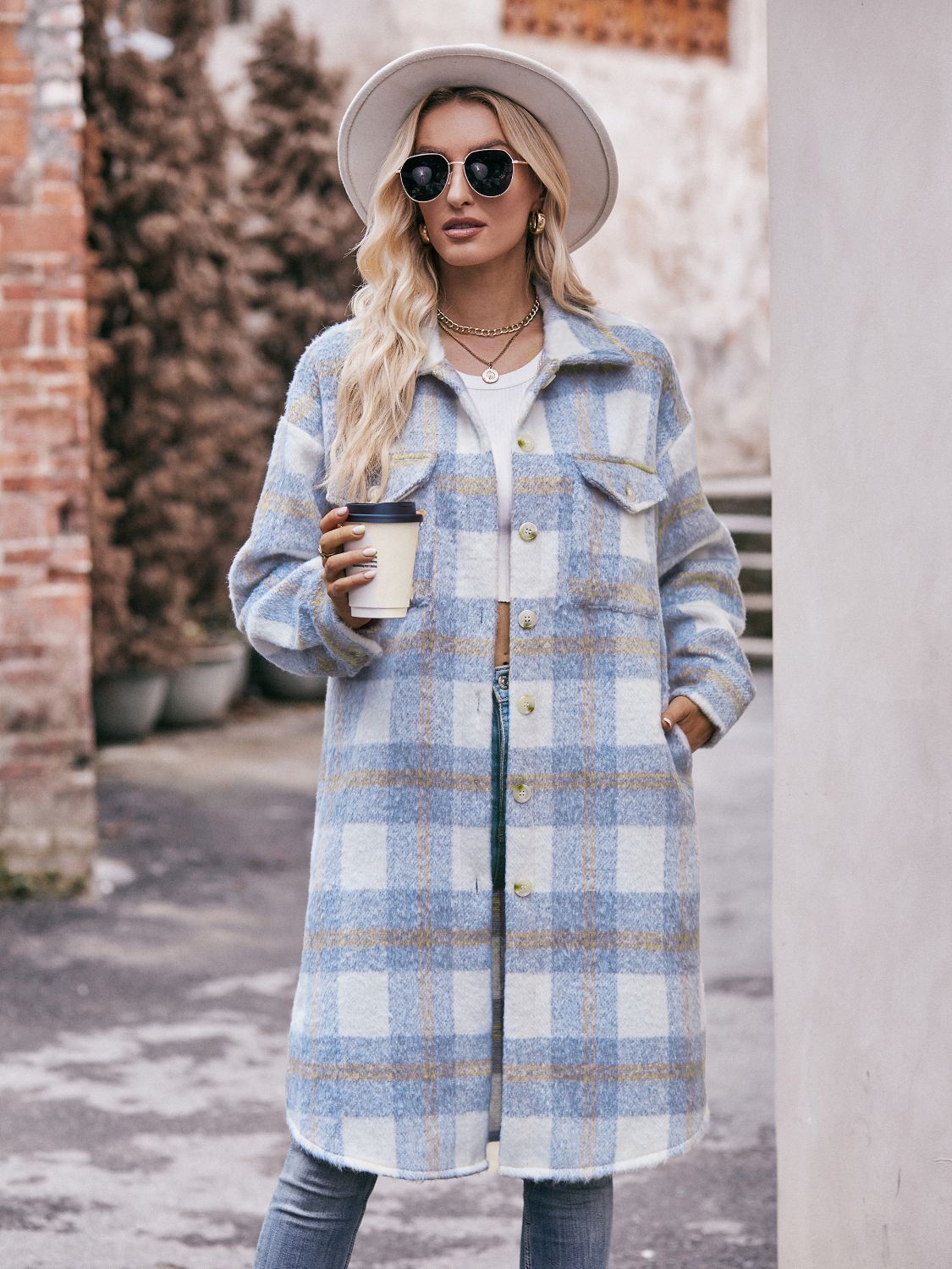 Mandy Plaid Dropped Shoulder Slit Coat Orchid Unique 