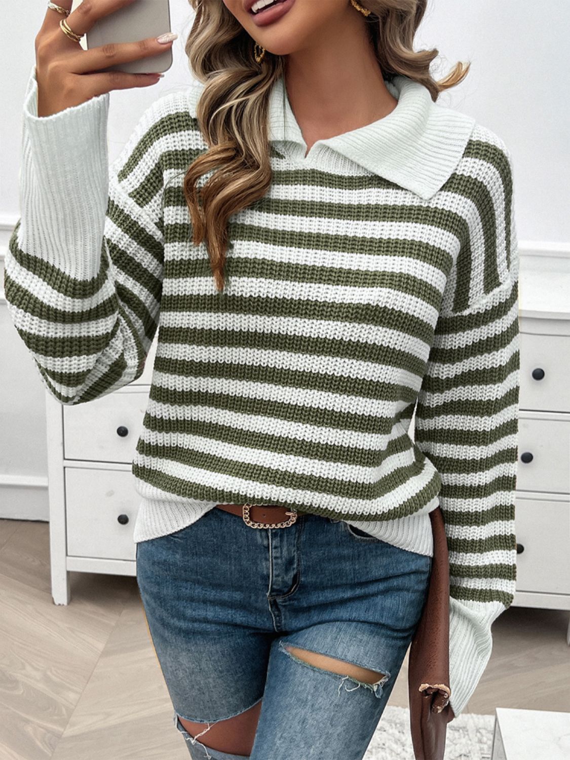 Striped Collared Neck Long Sleeve Sweater Orchid Unique 