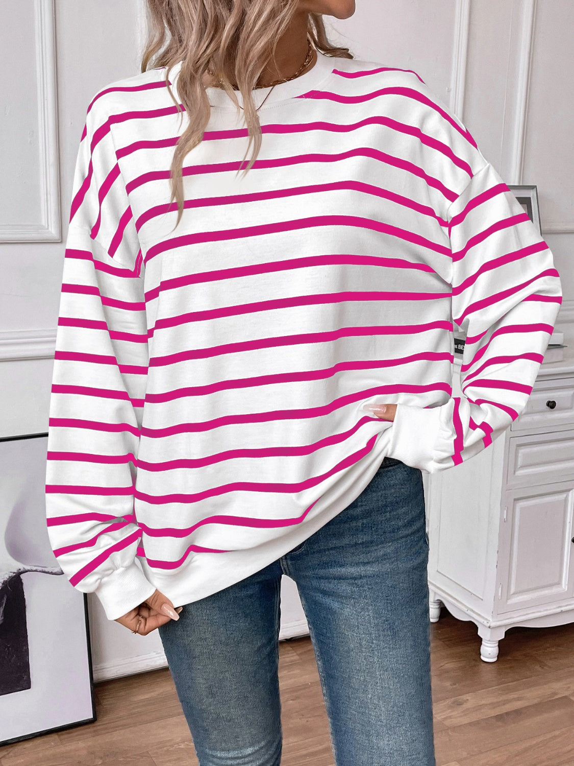 Striped Round Neck Long Sleeve Sweatshirt Orchid Unique 