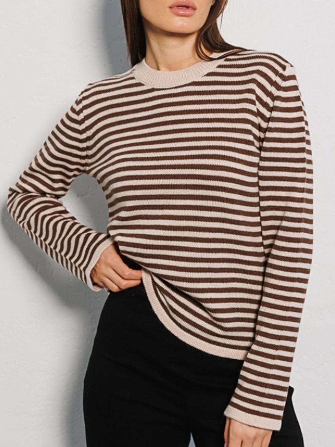 Striped Round Neck Long Sleeve Sweater Orchid Unique 