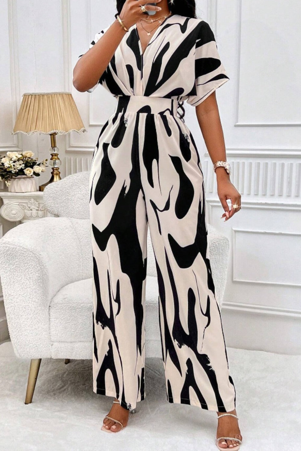 Printed V-Neck Short Sleeve Wide Leg Jumpsuit Orchid Unique 