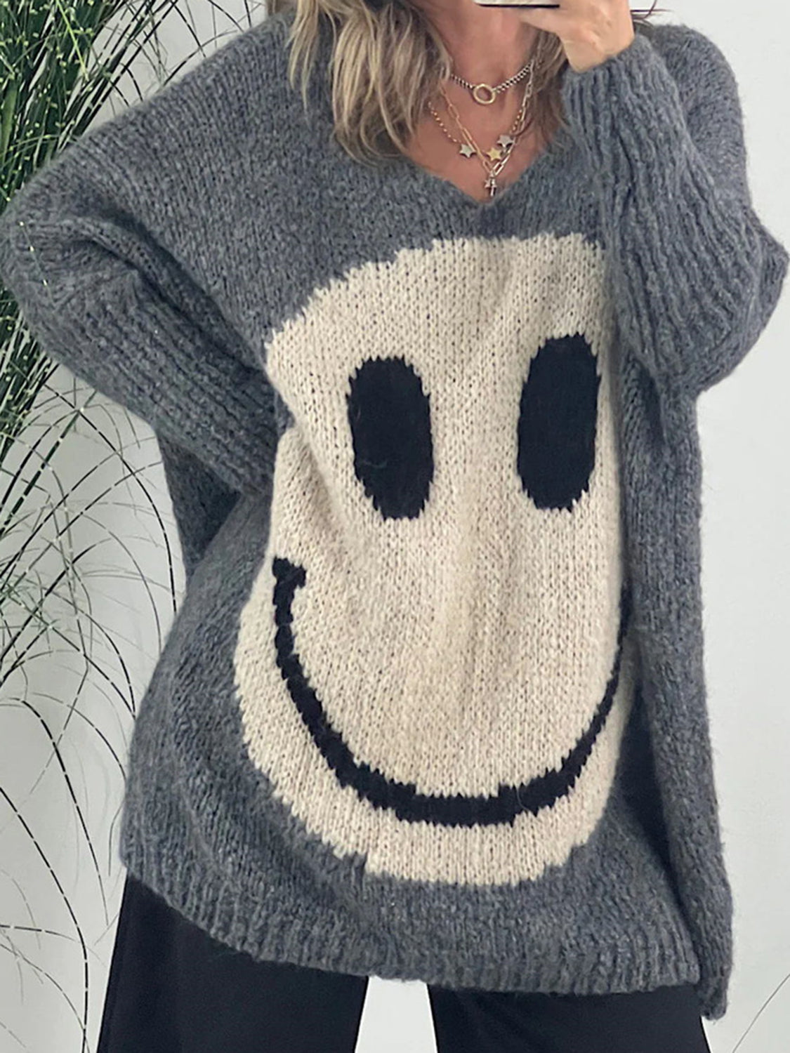 Smiling Face V-Neck Long Sleeve Sweater Orchid Unique 