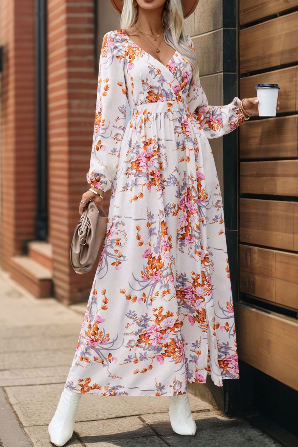 Slit Printed Surplice Long Sleeve Maxi Dress Orchid Unique 