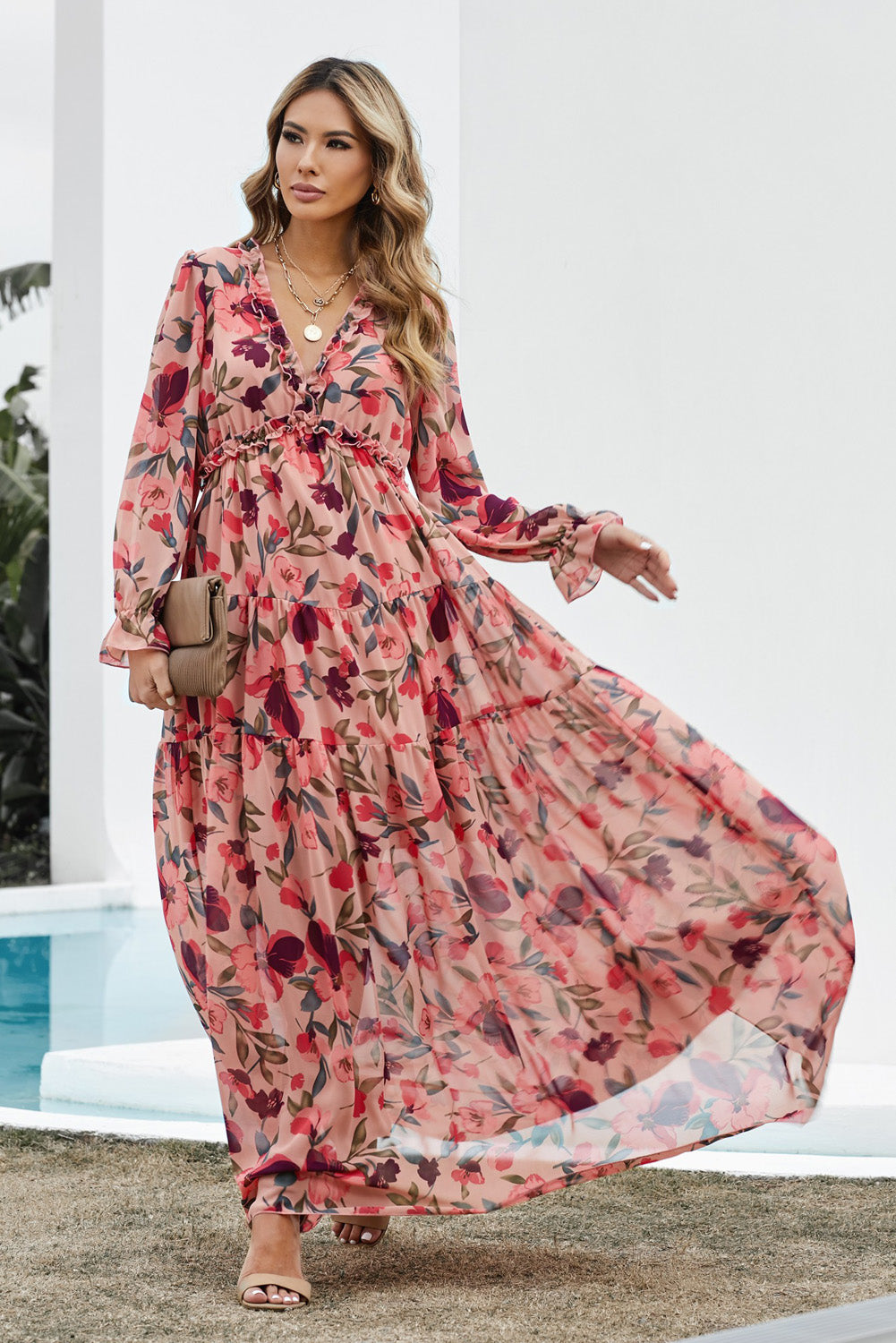 Floral Frill Trim Flounce Sleeve Plunge Maxi Dress Orchid Unique 