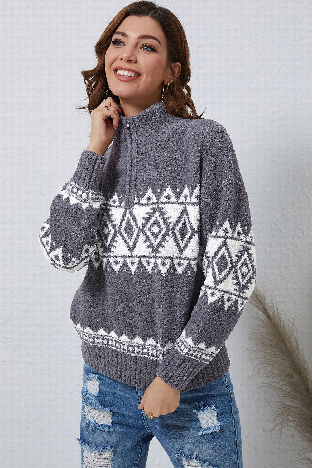 Zip-Up Geometrical Pattern Pullover Sweater Orchid Unique 