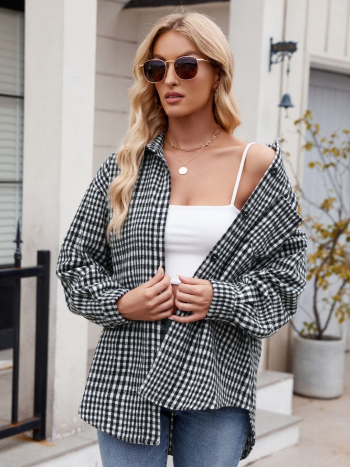 Pocketed Plaid Collared Neck Long Sleeve Shirt Orchid Unique 