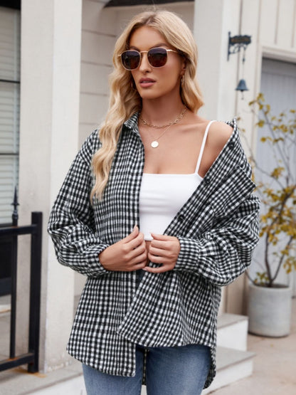 Pocketed Plaid Collared Neck Long Sleeve Shirt