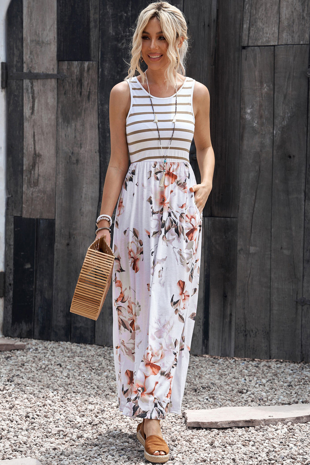 Striped Floral Round Neck Sleeveless Maxi Dress Orchid Unique 