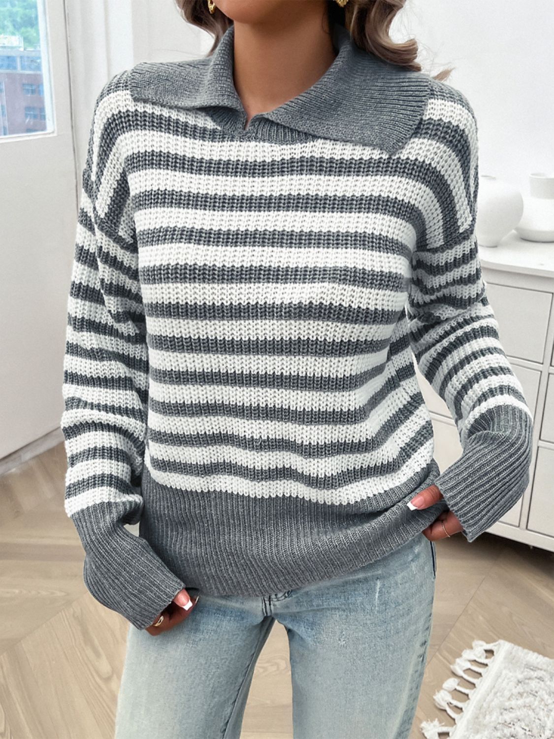 Striped Collared Neck Long Sleeve Sweater Orchid Unique 