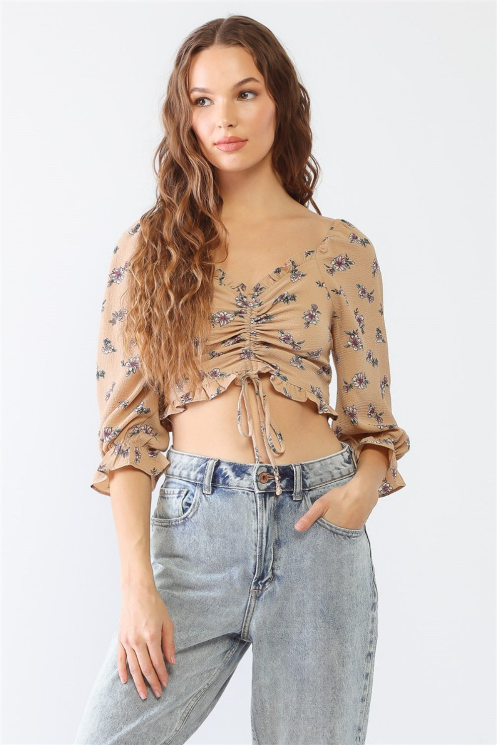 Tasha Apparel Floral Ruffle Smocked Back Ruched Crop Top Orchid Unique 