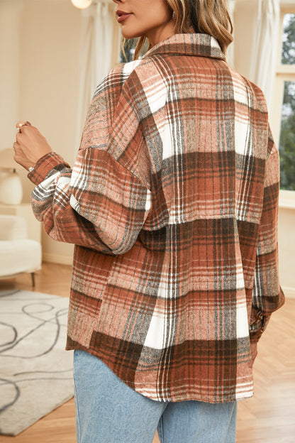 Double Take Plaid Dropped Shoulder Shacket