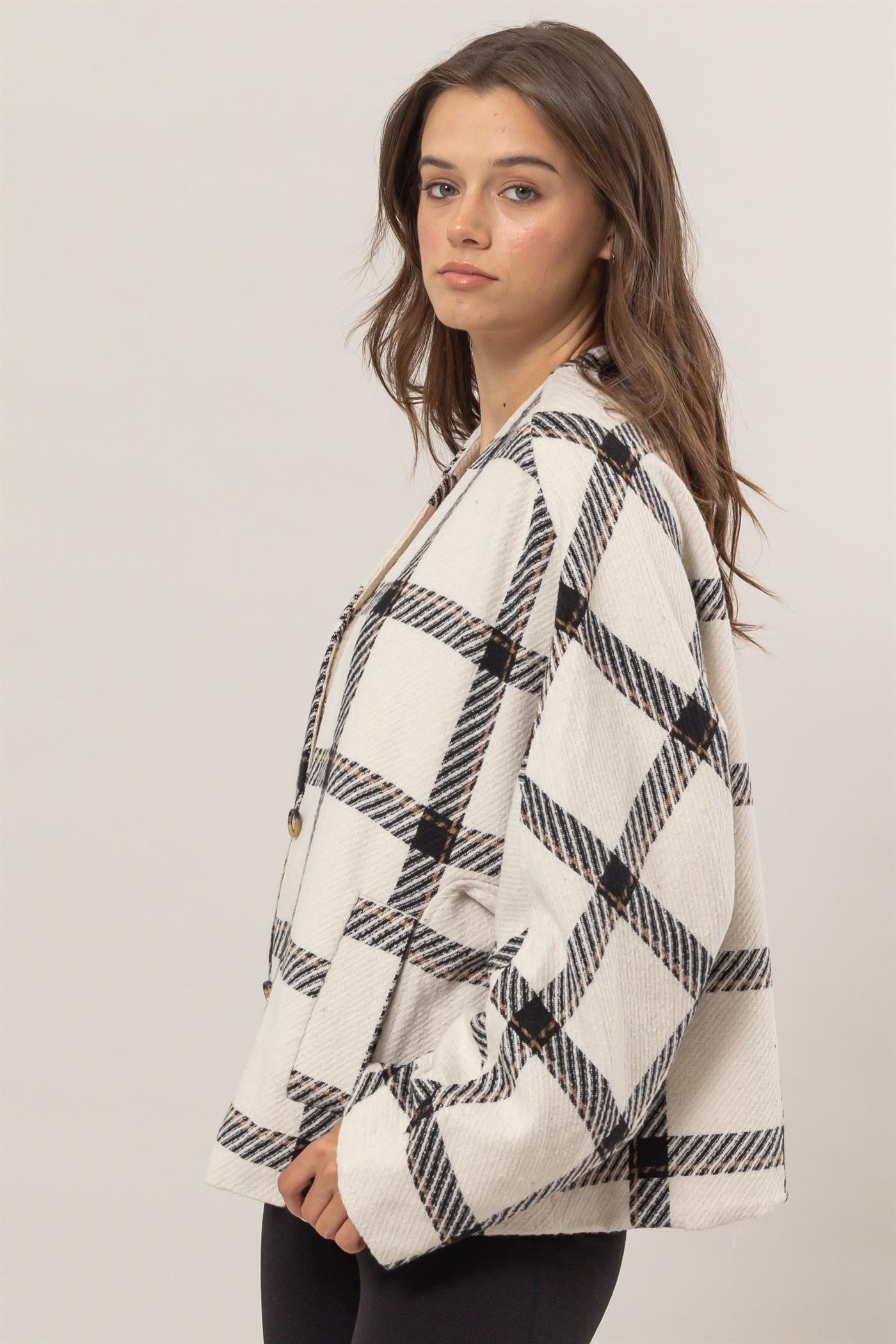 HYFVE Plaid Long Sleeve Jacket with Side Slit Pockets Orchid Unique 