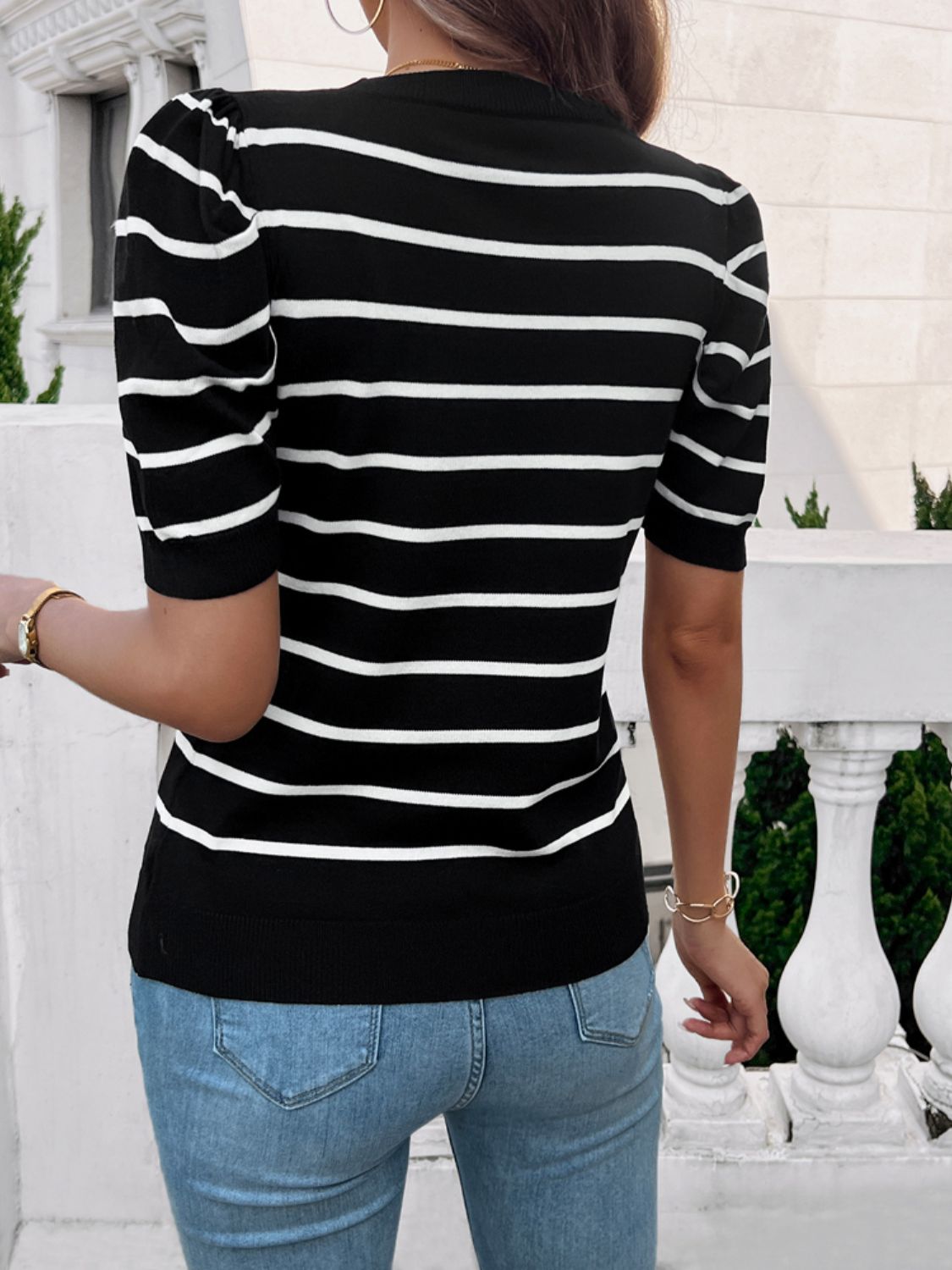 Striped Round Neck Puff Sleeve Knit Top Orchid Unique 