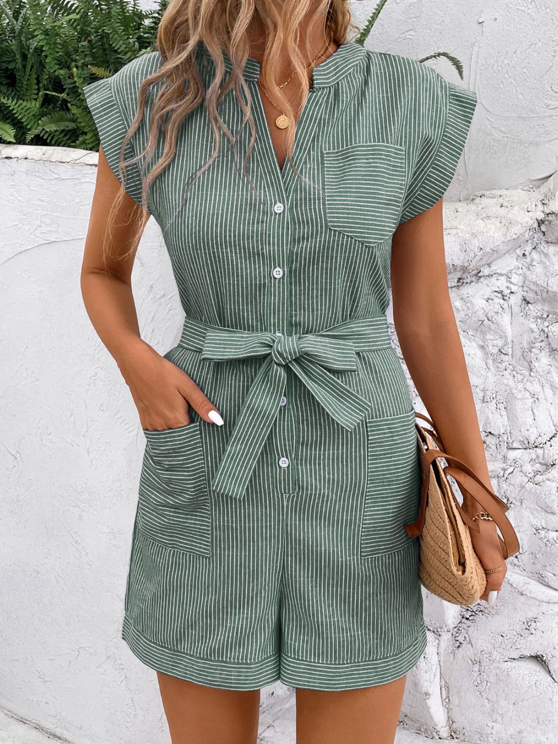 Casual Striped Romper with Notched Tie Wais Orchid Unique 