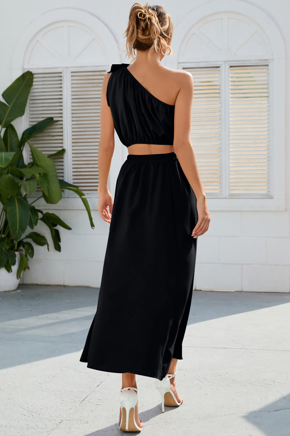 Ruched One Shoulder Top and Slit Skirt Set Orchid Unique 