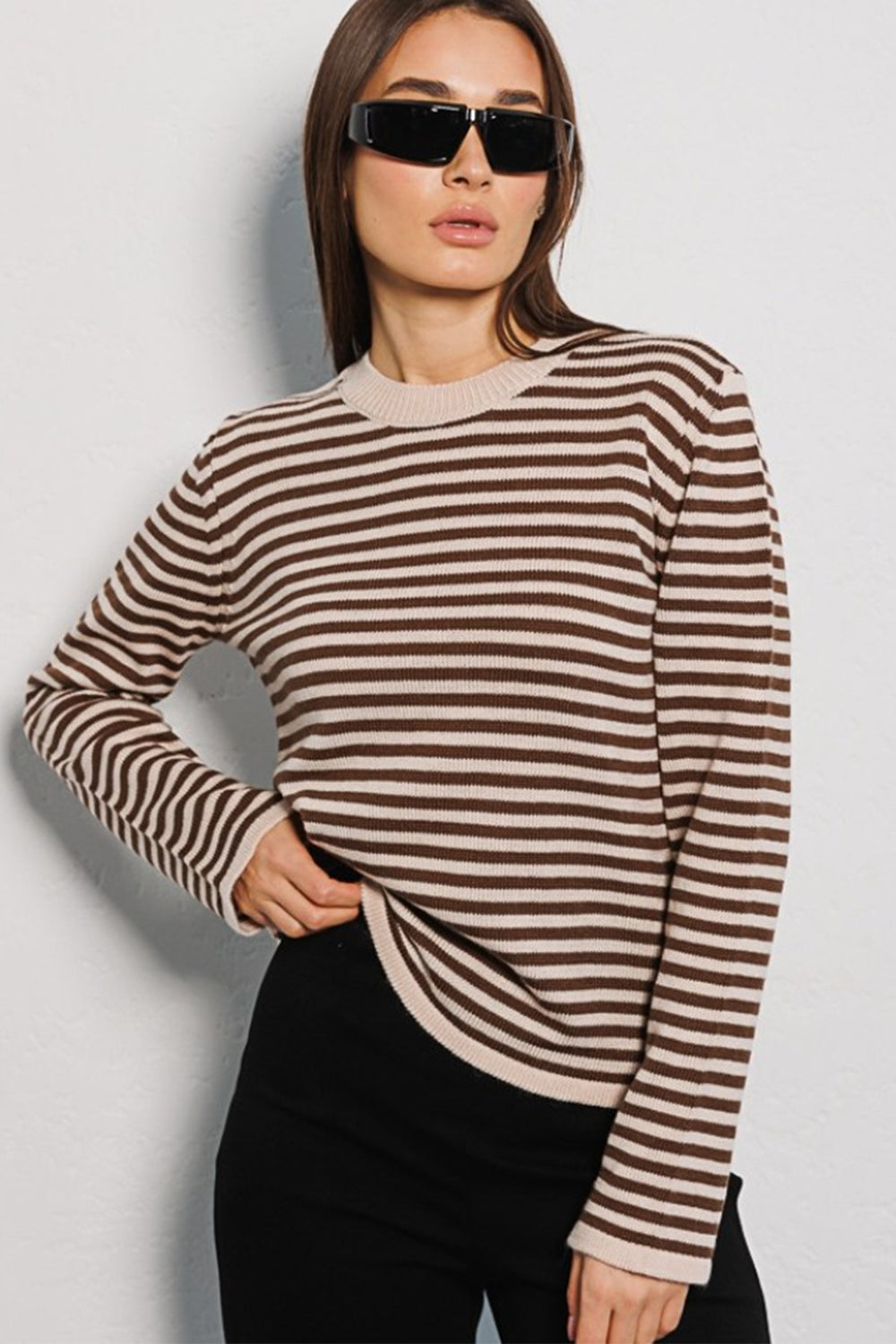 Striped Round Neck Long Sleeve Sweater Orchid Unique 