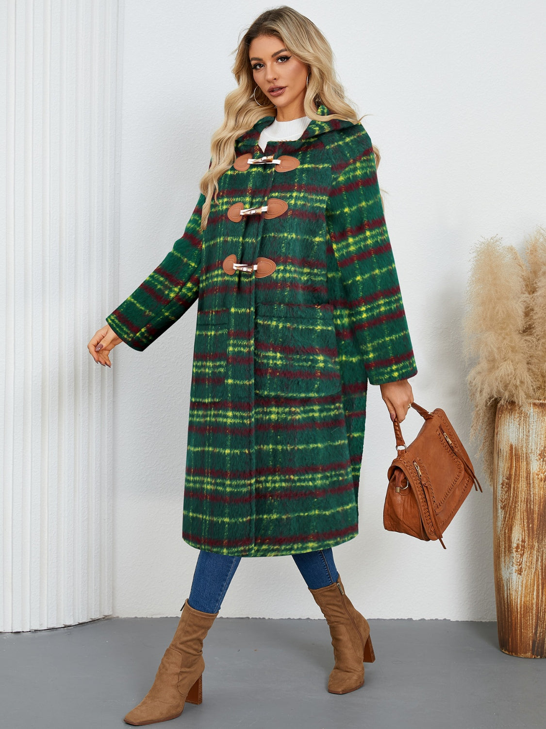 Plaid Long Sleeve Hooded Coat with Pockets Orchid Unique 