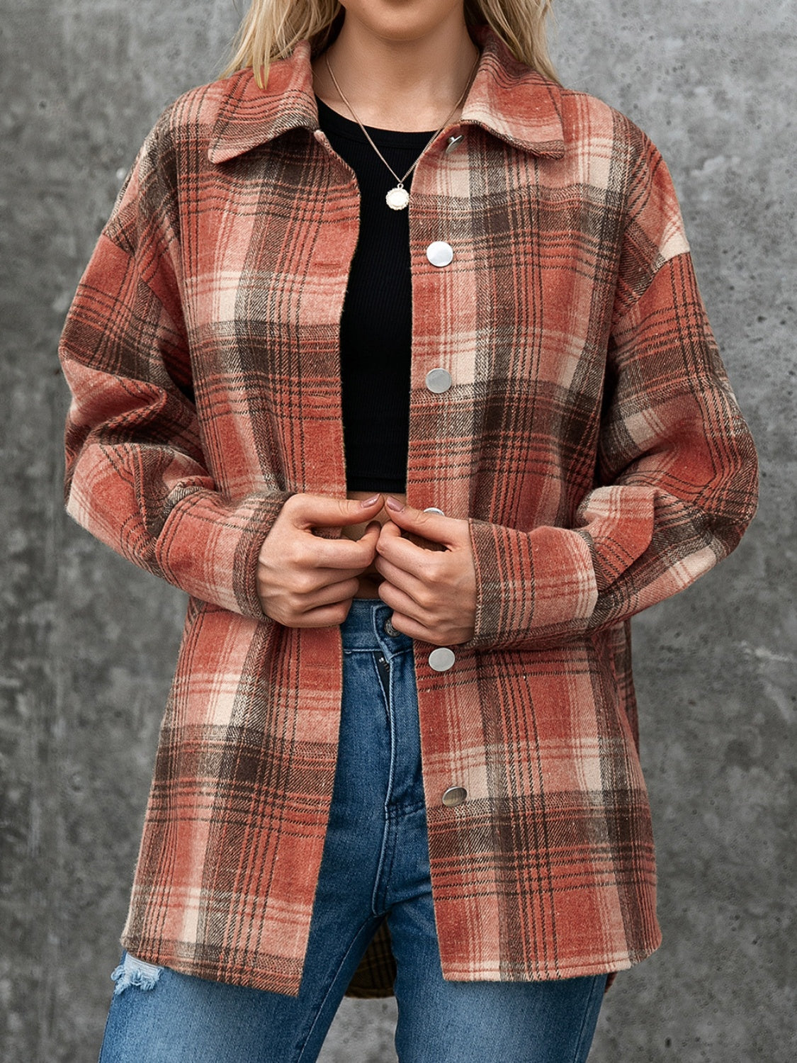 Plaid Button Up Long Sleeve Jacket Orchid Unique 