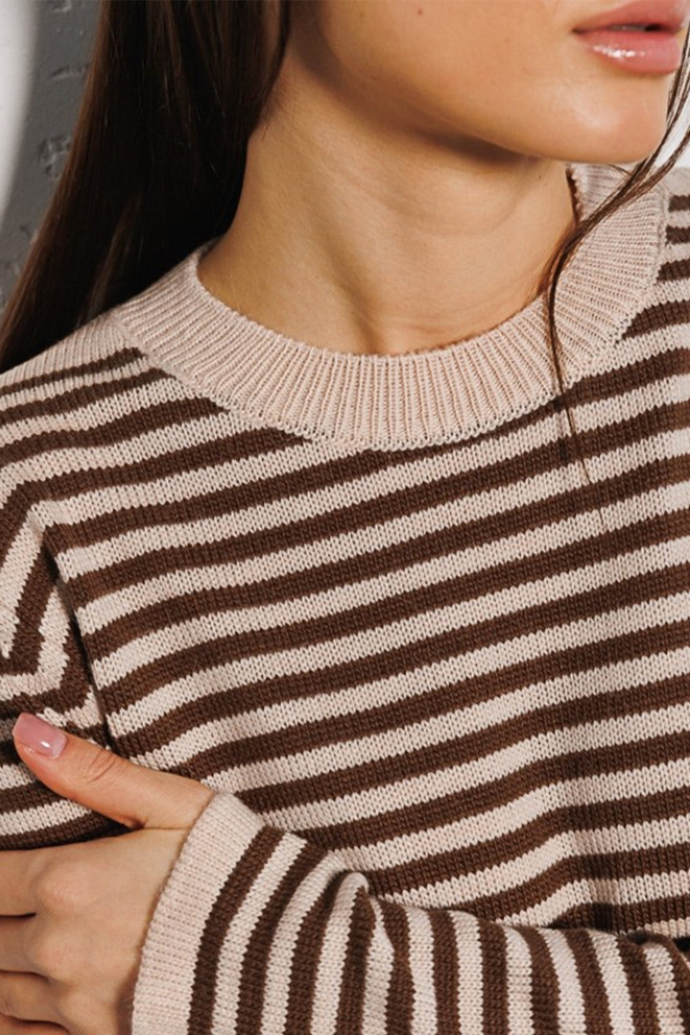 Striped Round Neck Long Sleeve Sweater Orchid Unique 