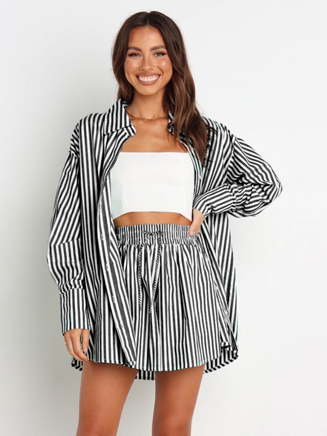 Striped Dropped Shoulder Shirt and Shorts Set Orchid Unique 