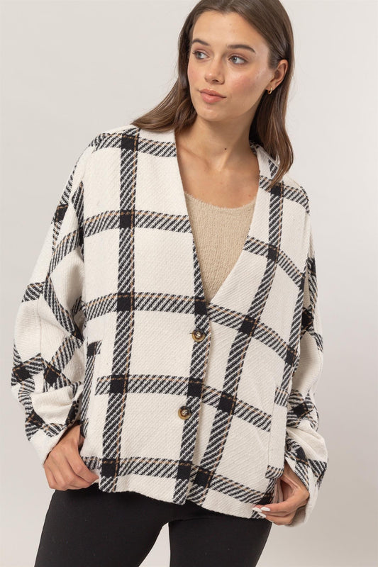 HYFVE Plaid Long Sleeve Jacket with Side Slit Pockets Orchid Unique 