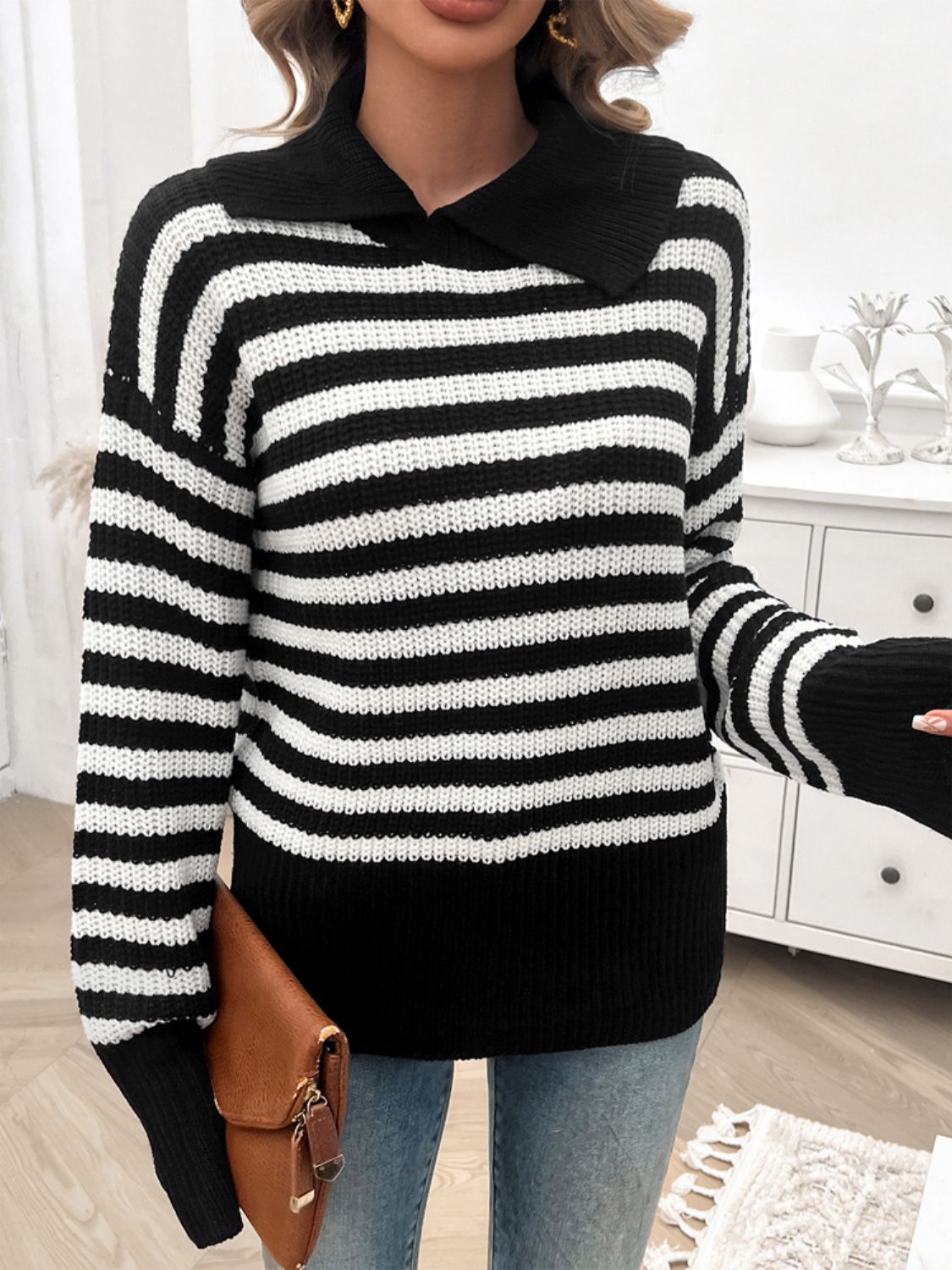 Striped Collared Neck Long Sleeve Sweater Orchid Unique 