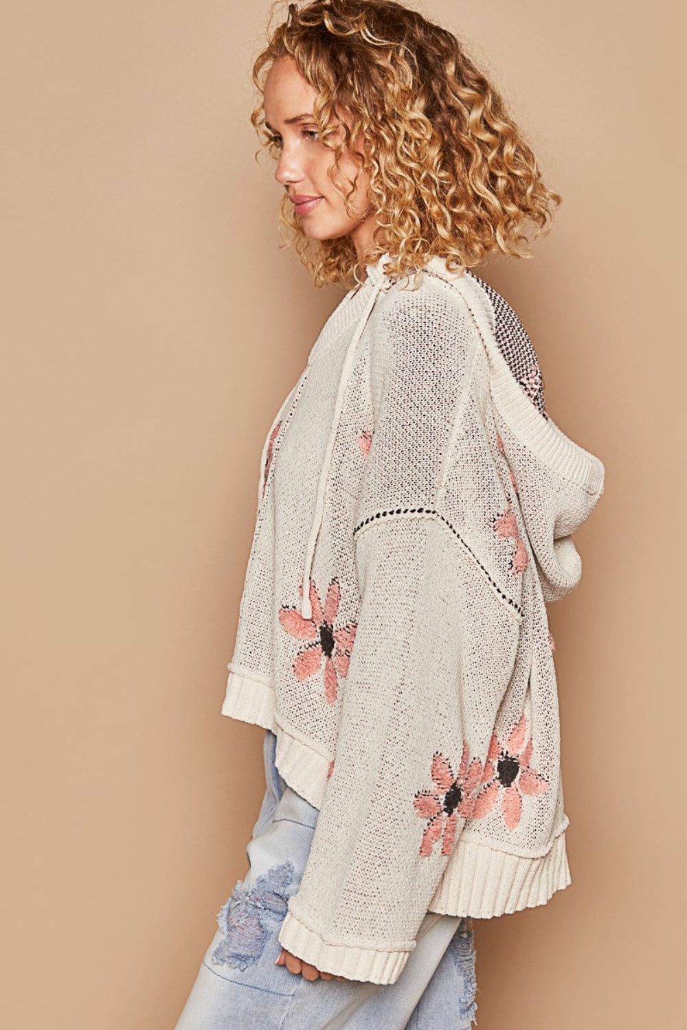 POL Floral Pattern Hooded High-Low Sweater Orchid Unique 