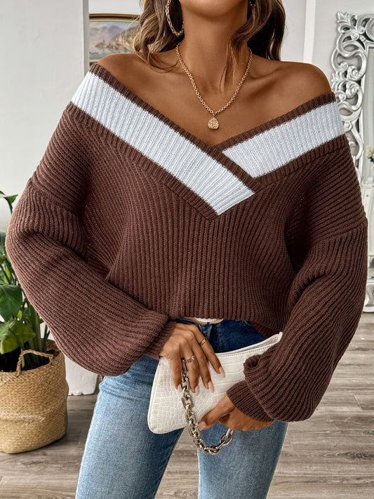 Contrast Dropped Shoulder Long Sleeve Sweater Orchid Unique 