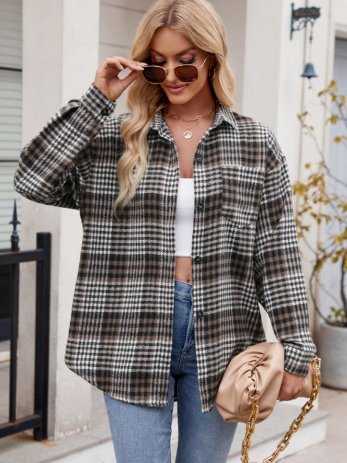 Pocketed Plaid Collared Neck Long Sleeve Shirt Orchid Unique 