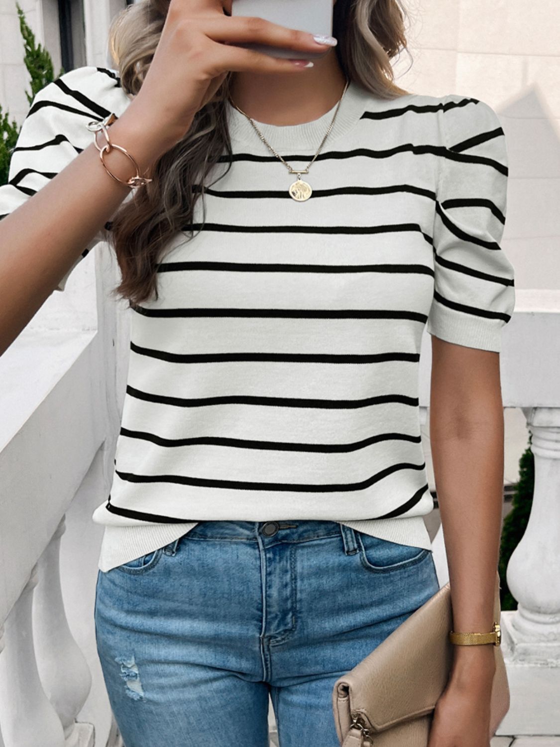 Striped Round Neck Puff Sleeve Knit Top Orchid Unique 