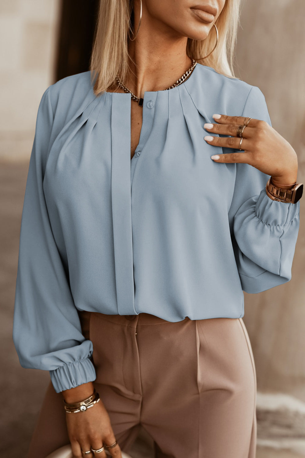 Button Up Round Neck Long Sleeve Shirt Orchid Unique 