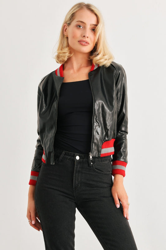 Comme PU Leather Baseball Collar Long Sleeve Jacket Orchid Unique 