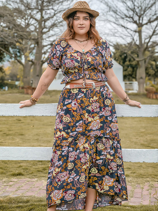 Plus Size Tie Neck Short Sleeve Top and Skirt Set Orchid Unique 