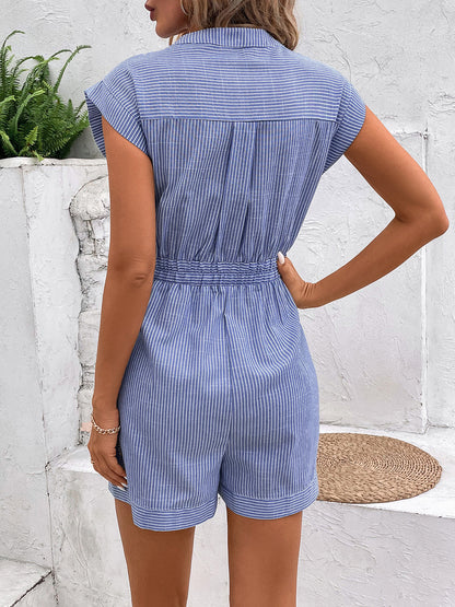 Casual Striped Romper with Notched Tie Wais