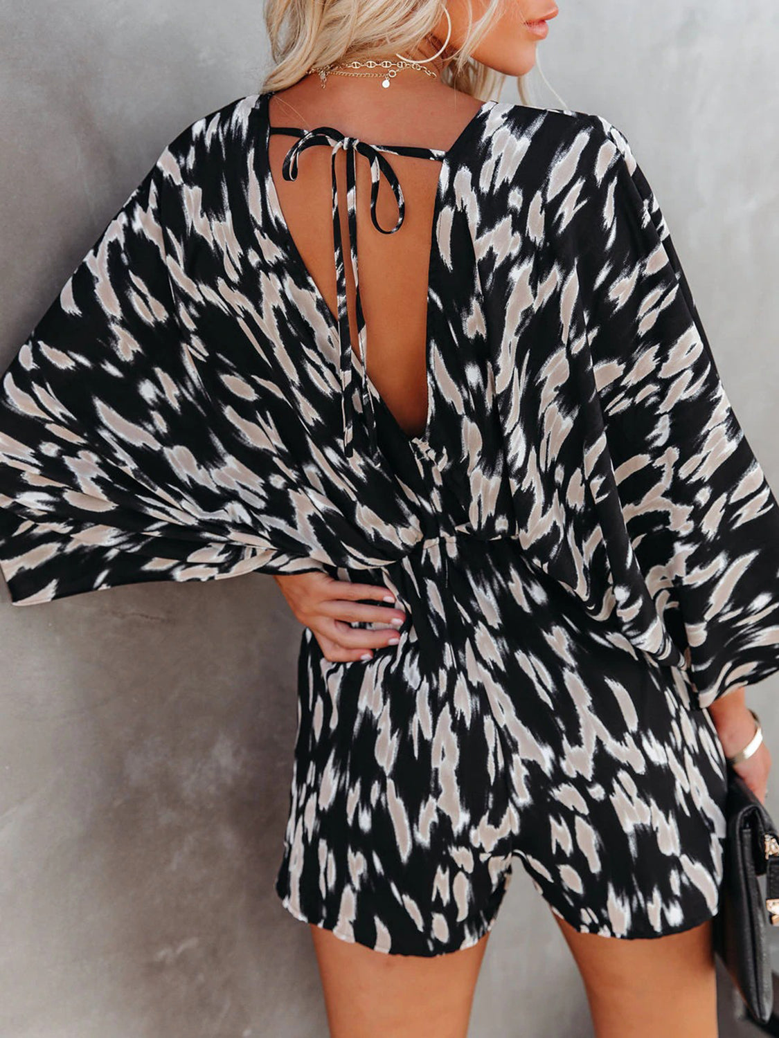 Tied Printed Kimono Sleeve Romper Orchid Unique 