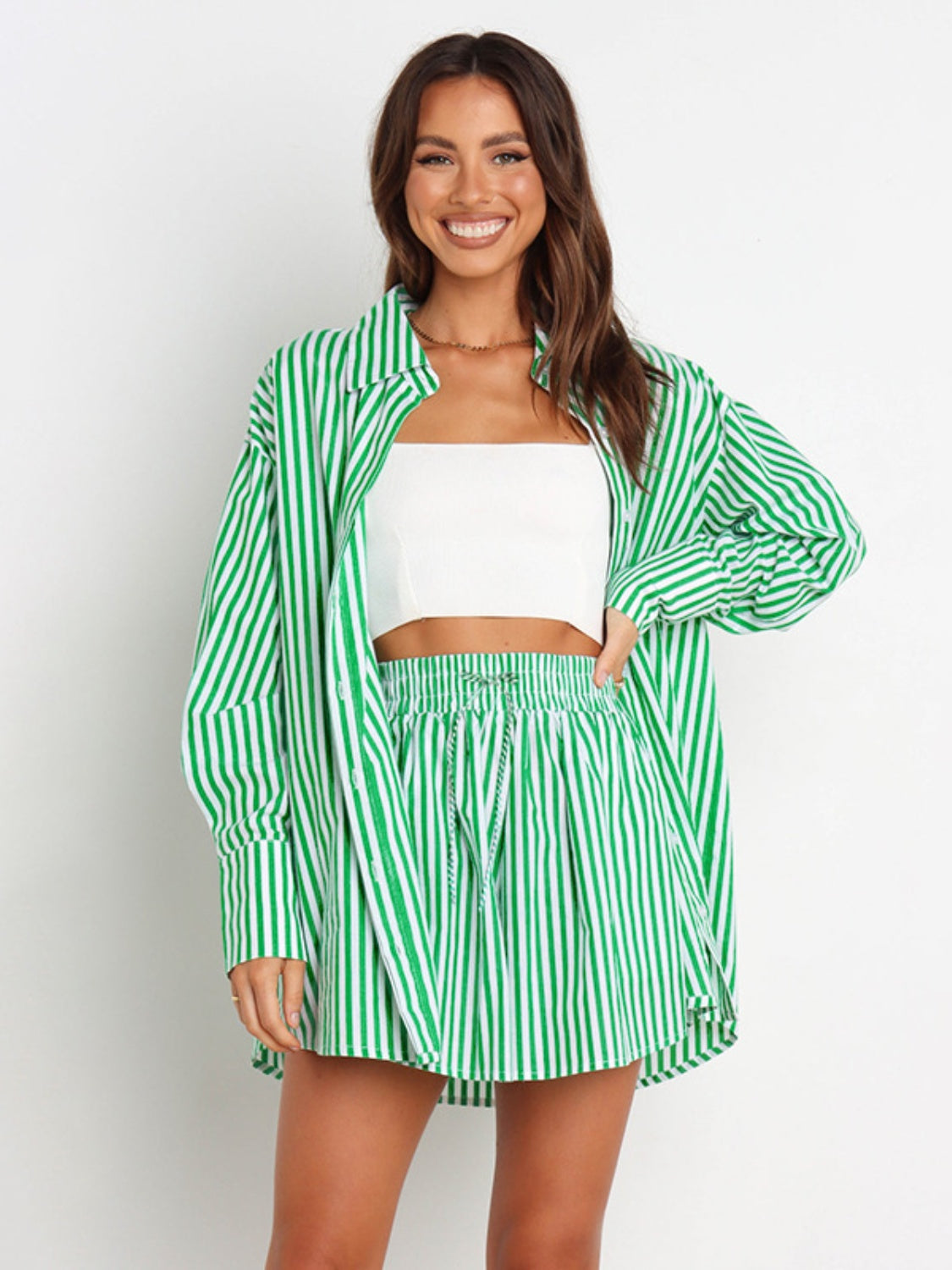 Striped Dropped Shoulder Shirt and Shorts Set Orchid Unique 