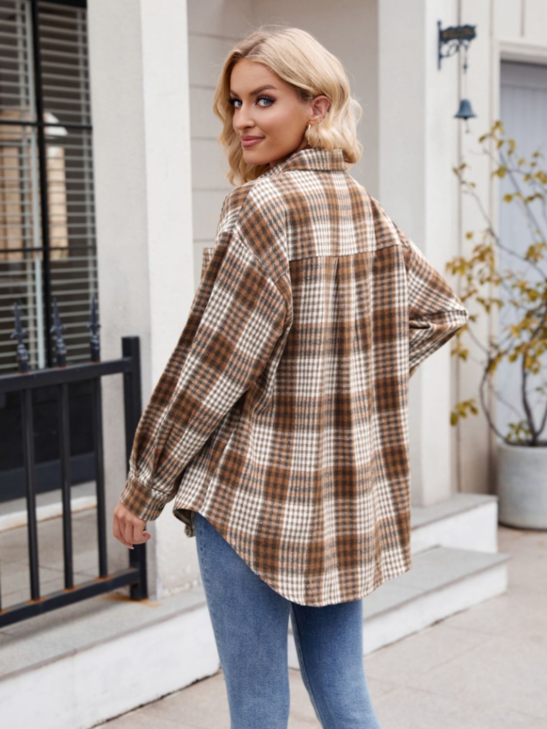 Pocketed Plaid Collared Neck Long Sleeve Shirt Orchid Unique 