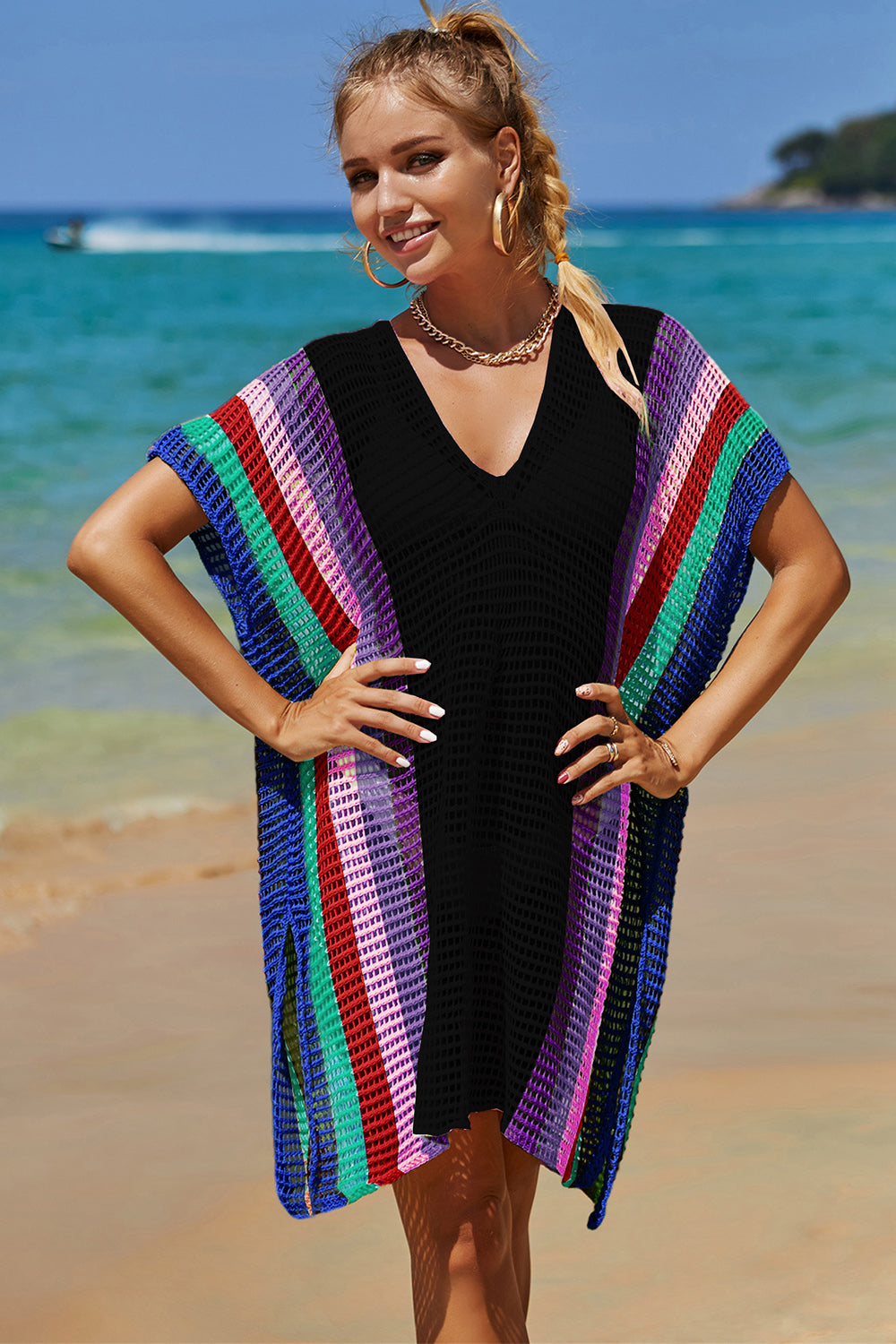 Openwork Striped Slit Knit Cover Up Orchid Unique 